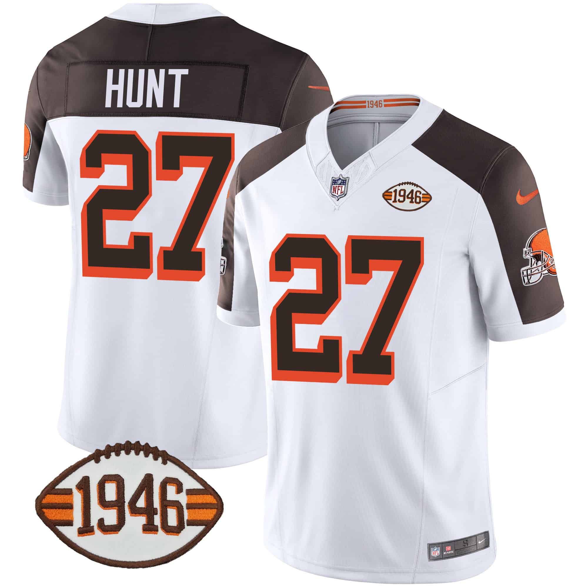 Men Cleveland Browns 27 Hunt White 1946 75th Anniversary Patch 2024 Nike NFL Jersey style 1
